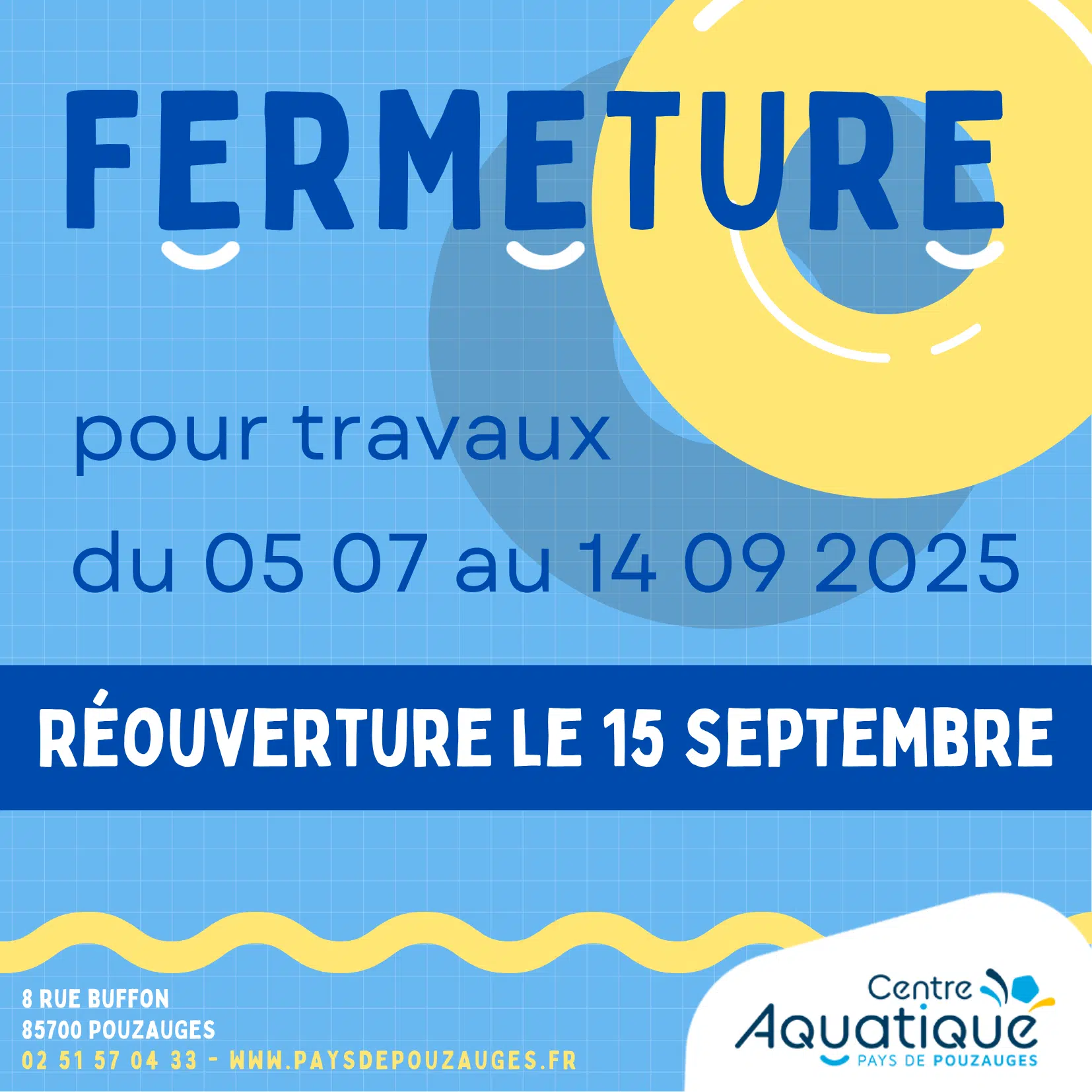 Image principale 📢 Fermeture estivale du centre aquatique avancée⚠️